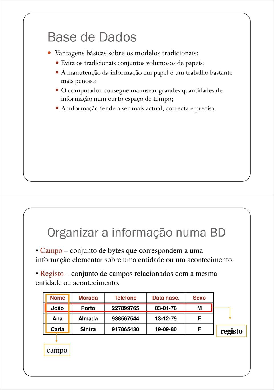 Organizar a informação numa BD Campo conjunto de bytes que correspondem a uma informação elementar sobre uma entidade ou um acontecimento.