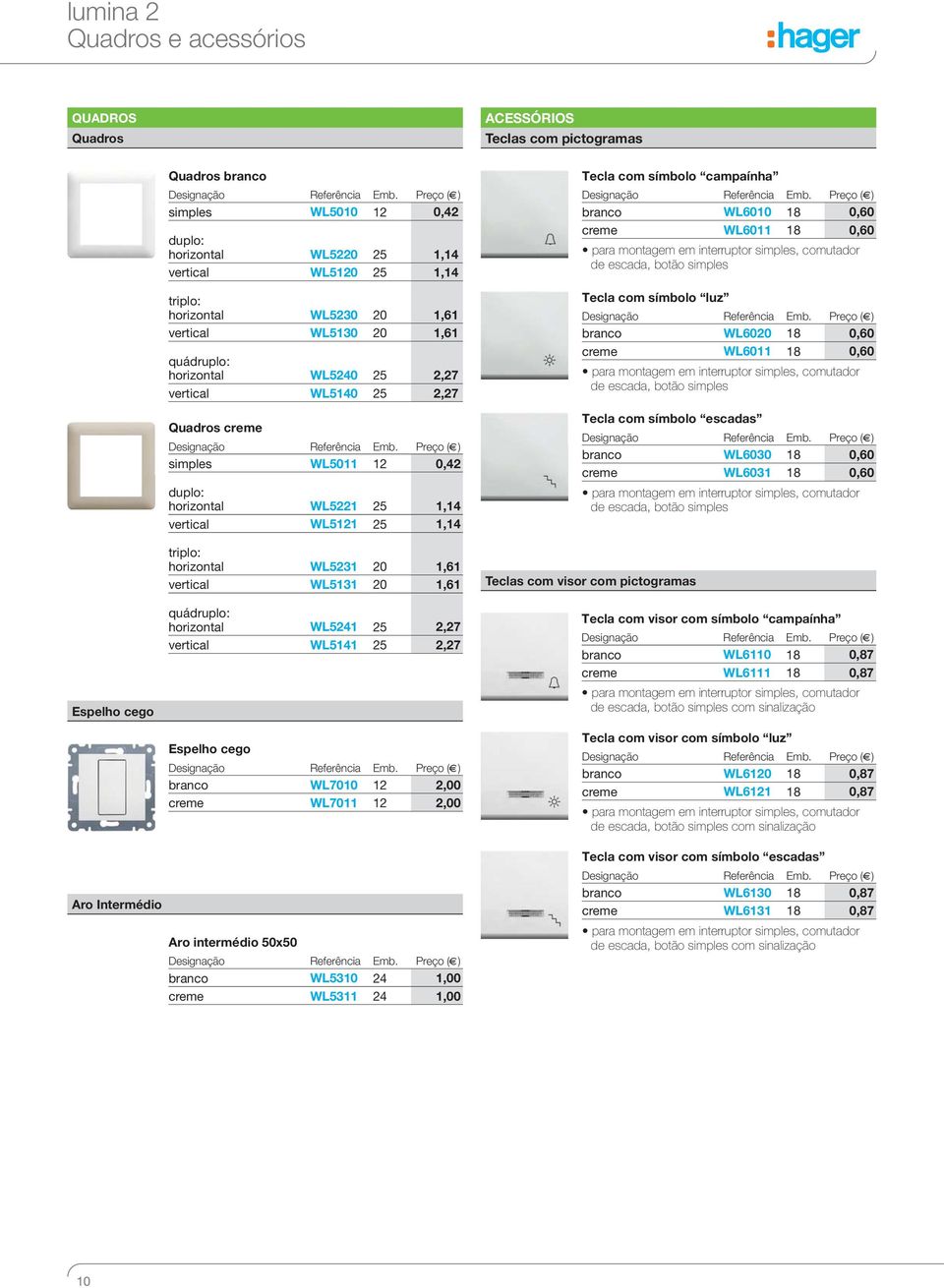 20 1,61 vertical WL5131 20 1,61 quádruplo: horizontal WL5241 25 2,27 vertical WL5141 25 2,27 Espelho cego WL7010 12 2,00 creme WL7011 12 2,00 Tecla com símbolo campaínha WL6010 18 0,60 creme WL6011