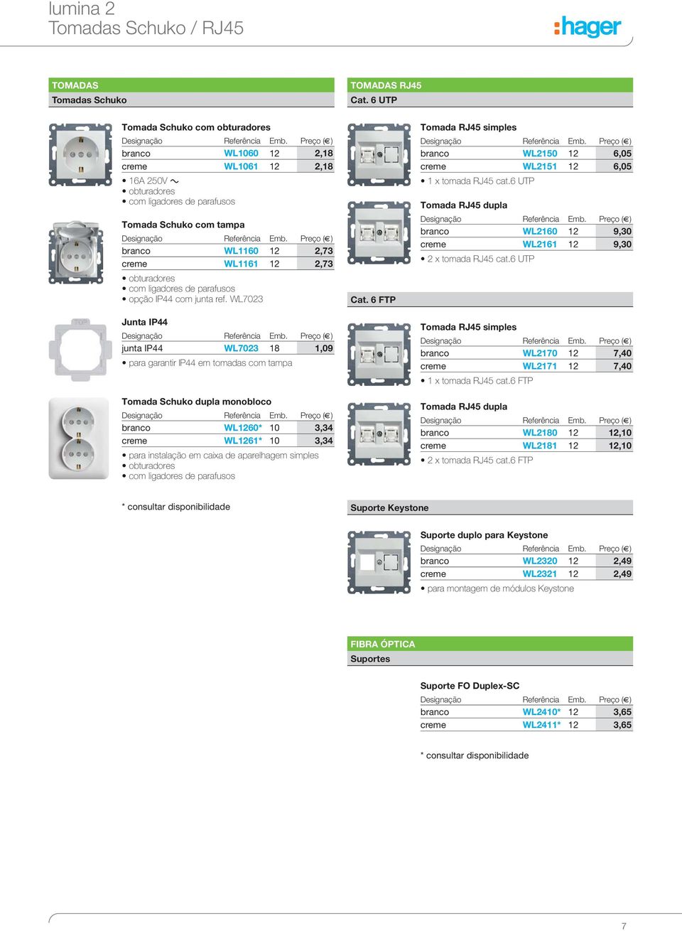 WL7023 Junta IP44 junta IP44 WL7023 18 1,09 para garantir IP44 em tomadas com tampa Tomada Schuko dupla monobloco WL1260* 10 3,34 creme WL1261* 10 3,34 para instalação em caixa de aparelhagem simples