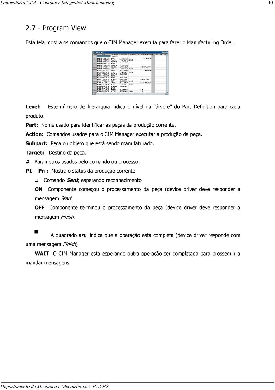 Action: Comandos usados para o CIM Manager executar a produção da peça. Subpart: Peça ou objeto que está sendo manufaturado. Target: Destino da peça. # Parametros usados pelo comando ou processo.