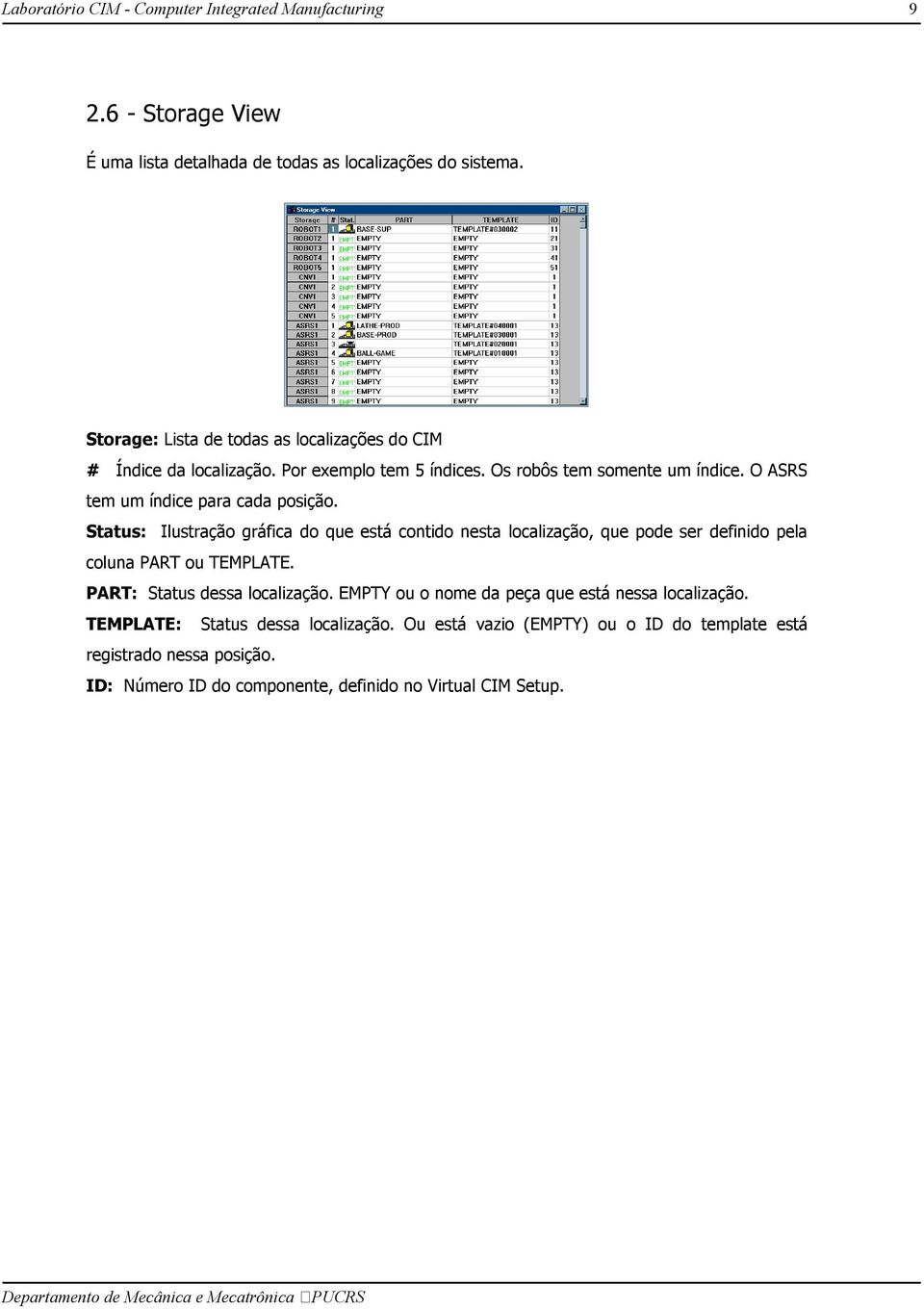 O ASRS tem um índice para cada posição. Status: Ilustração gráfica do que está contido nesta localização, que pode ser definido pela coluna PART ou TEMPLATE.