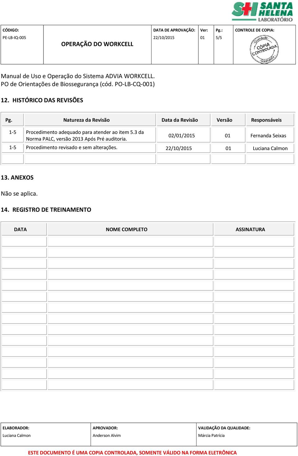 Natureza da Revisão Data da Revisão Versão Responsáveis 1-5 Procedimento adequado para atender ao item 5.