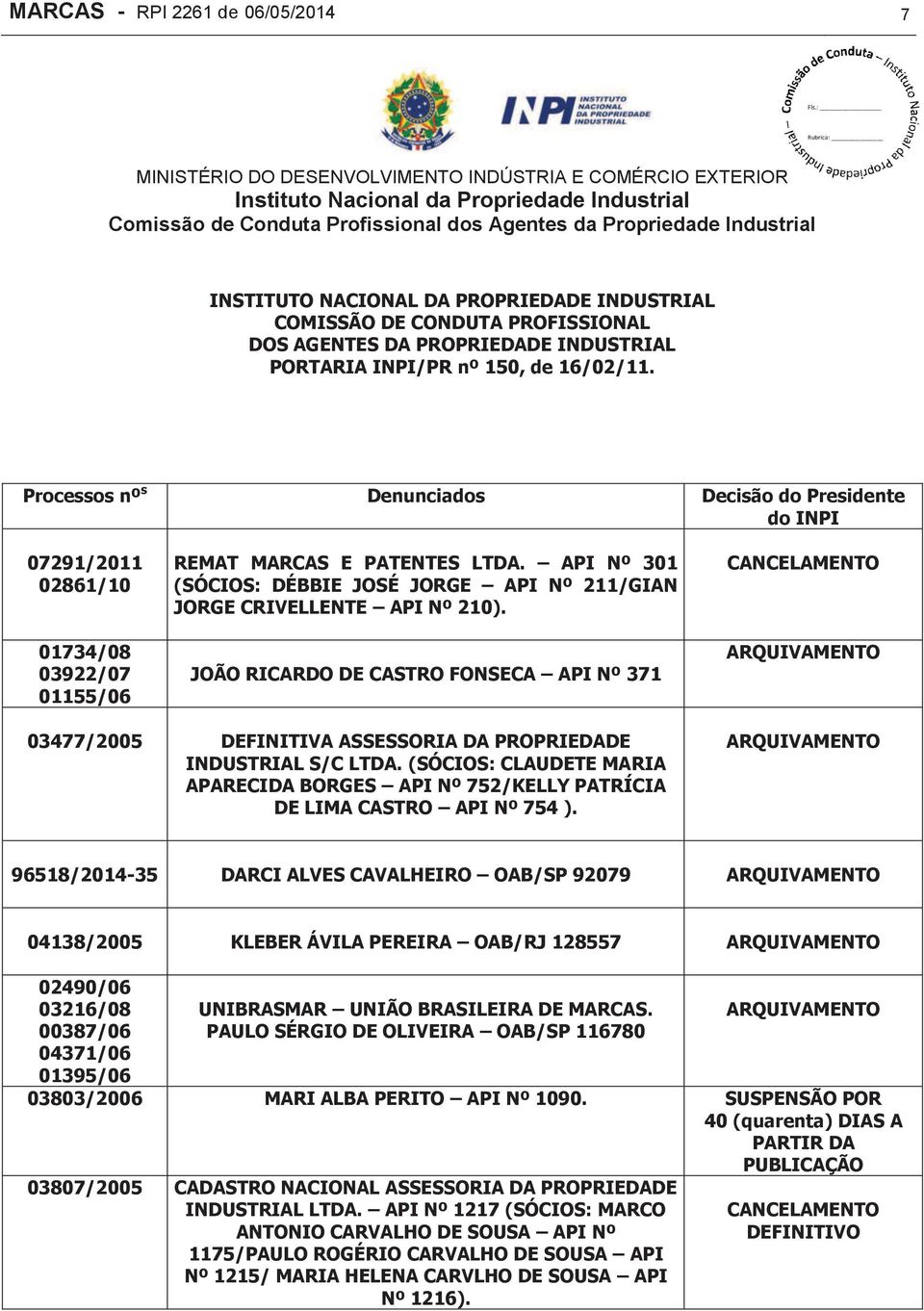 JOÃO RICARDO DE CASTRO FONSECA API Nº 371 CANCELAMENTO ARQUIVAMENTO 03477/2005 DEFINITIVA ASSESSORIA DA PROPRIEDADE INDUSTRIAL S/C LTDA.