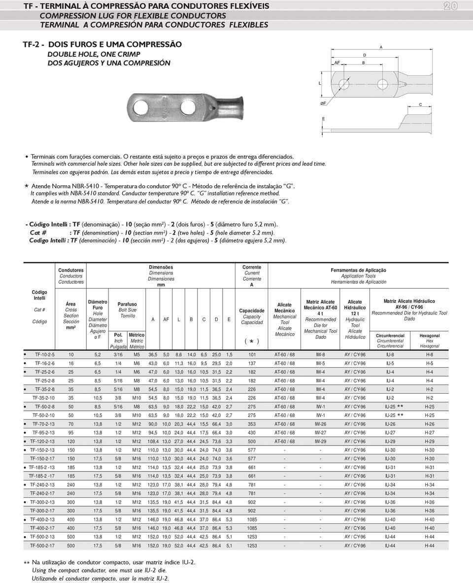 Other hole sizes can be supplied, but are subjected to different prices and lead time. Terminales con agujeros padrón. Los demás estan sujetos a precio y tiempo de entrega diferenciados.