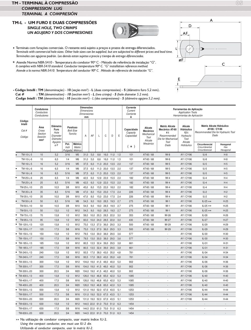 Terminales con agujeros padrón. Los demás estan sujetos a precio y tiempo de entrega diferenciados. tende Norma NBR- - Temperatura do condutor º C - Método de referência de instalação G.