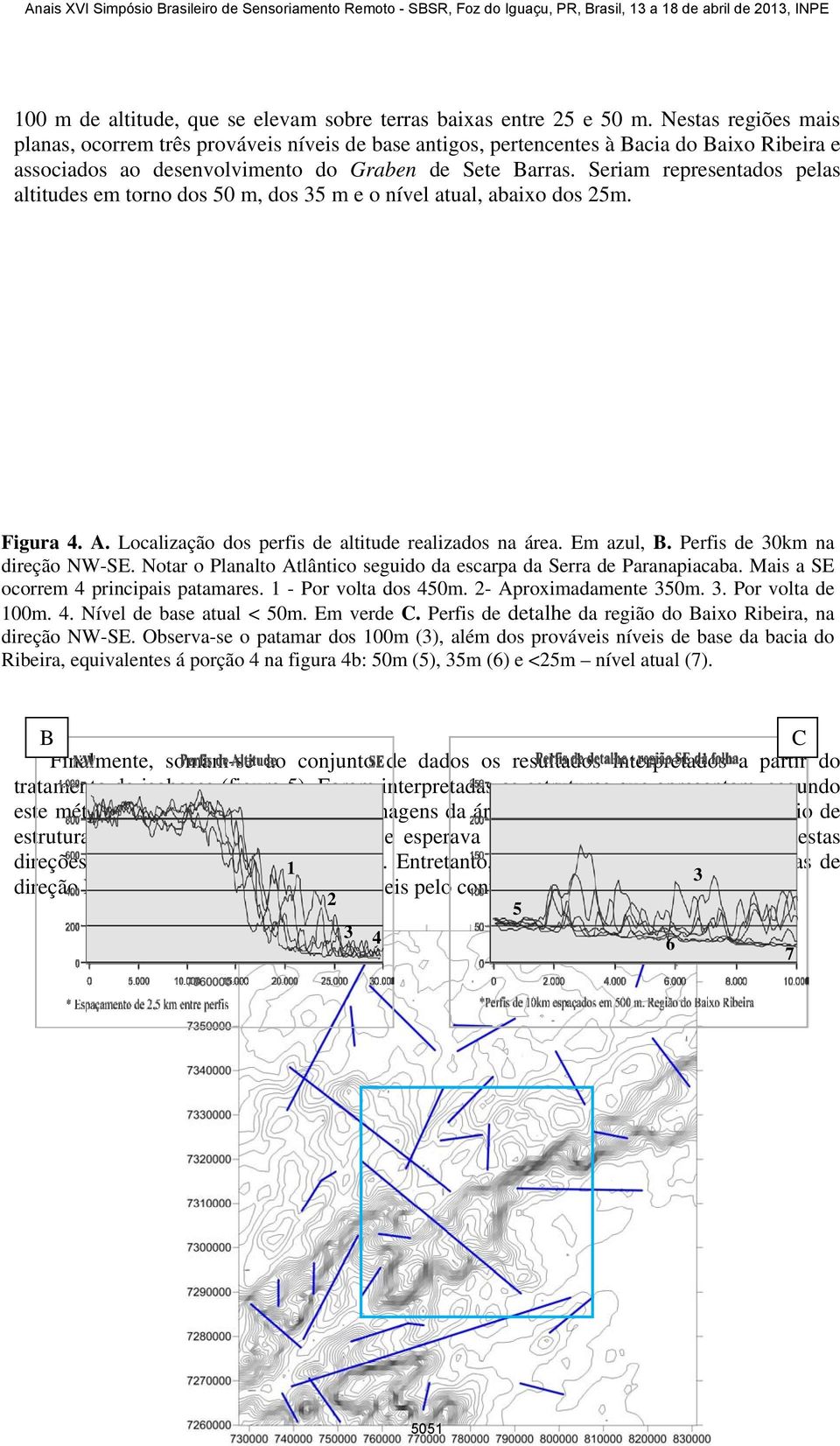 Seriam representados pelas altitudes em torno dos 50 m, dos 35 m e o nível atual, abaixo dos 25m. Figura 4. A. Localização dos perfis de altitude realizados na área. Em azul, B.