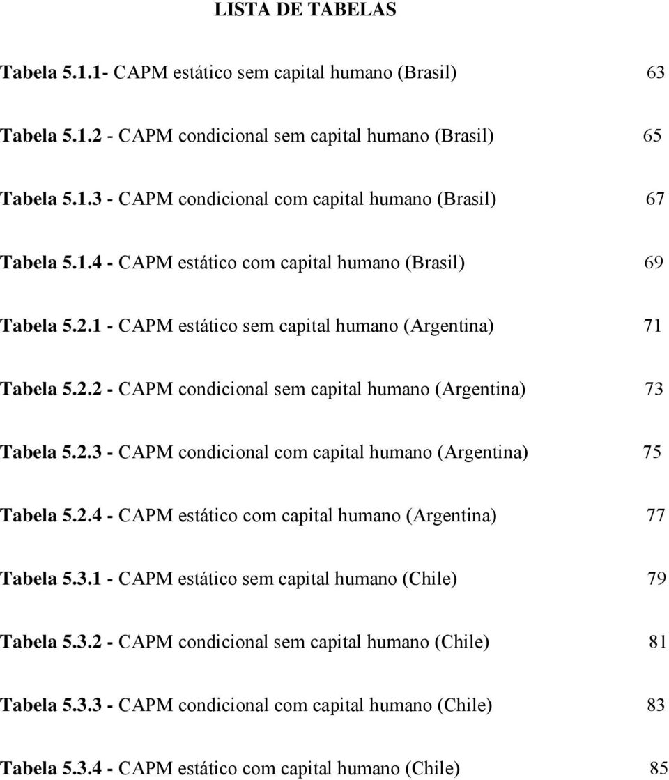 2.3 - CAPM condconal com captal humano (Argentna) 75 Tabela 5.2.4 - CAPM estátco com captal humano (Argentna) 77 Tabela 5.3.1 - CAPM estátco sem captal humano (Chle) 79 Tabela 5.3.2 - CAPM condconal sem captal humano (Chle) 81 Tabela 5.