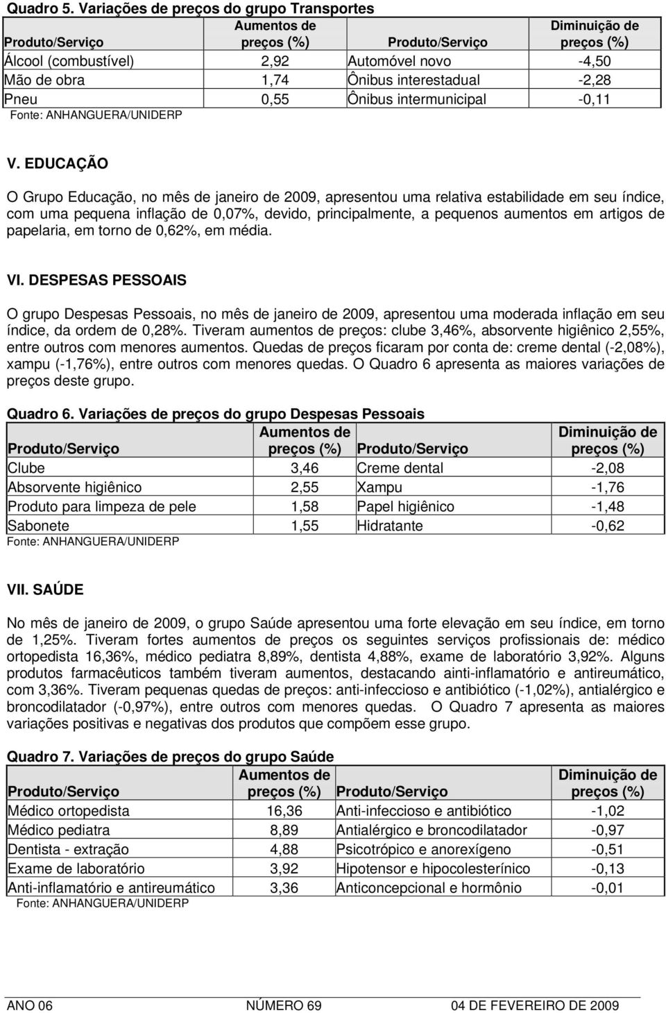 papelaria, em torno de 0,62%, em média. VI. DESPESAS PESSOAIS O grupo Despesas Pessoais, no mês de janeiro de 2009, apresentou uma moderada inflação em seu índice, da ordem de 0,28%.