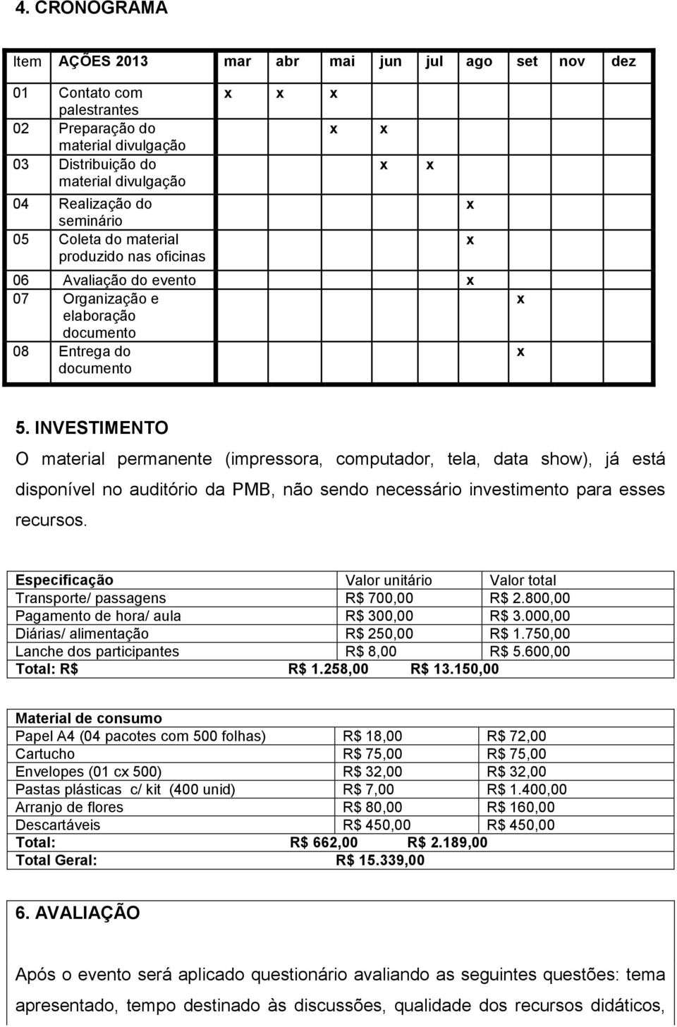 INVESTIMENTO O material permanente (impressora, computador, tela, data show), já está disponível no auditório da PMB, não sendo necessário investimento para esses recursos.