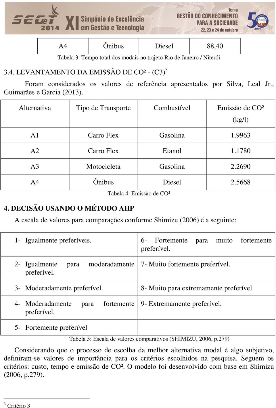 DECISÃO USANDO O MÉTODO AHP Tabela 4: Emissão de CO² A escala de valores para comparações conforme Shimizu (2006) é a seguinte: 1- Igualmente preferíveis.