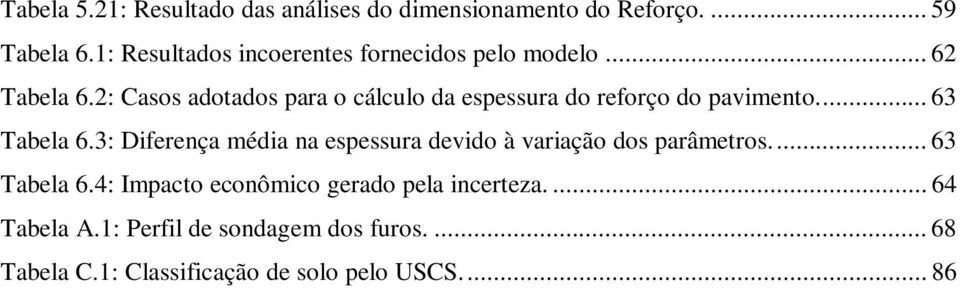 2: Casos adotados para o cálculo da espessura do reforço do pavimento.... 63 Tabela 6.