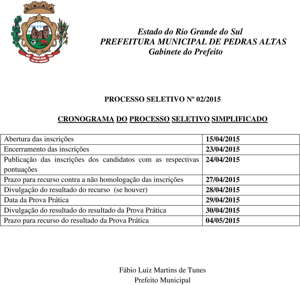 inscrições 27/04/2015 Divulgação do resultado do recurso (se houver) 28/04/2015 Data da Prova Prática 29/04/2015 Divulgação do resultado do