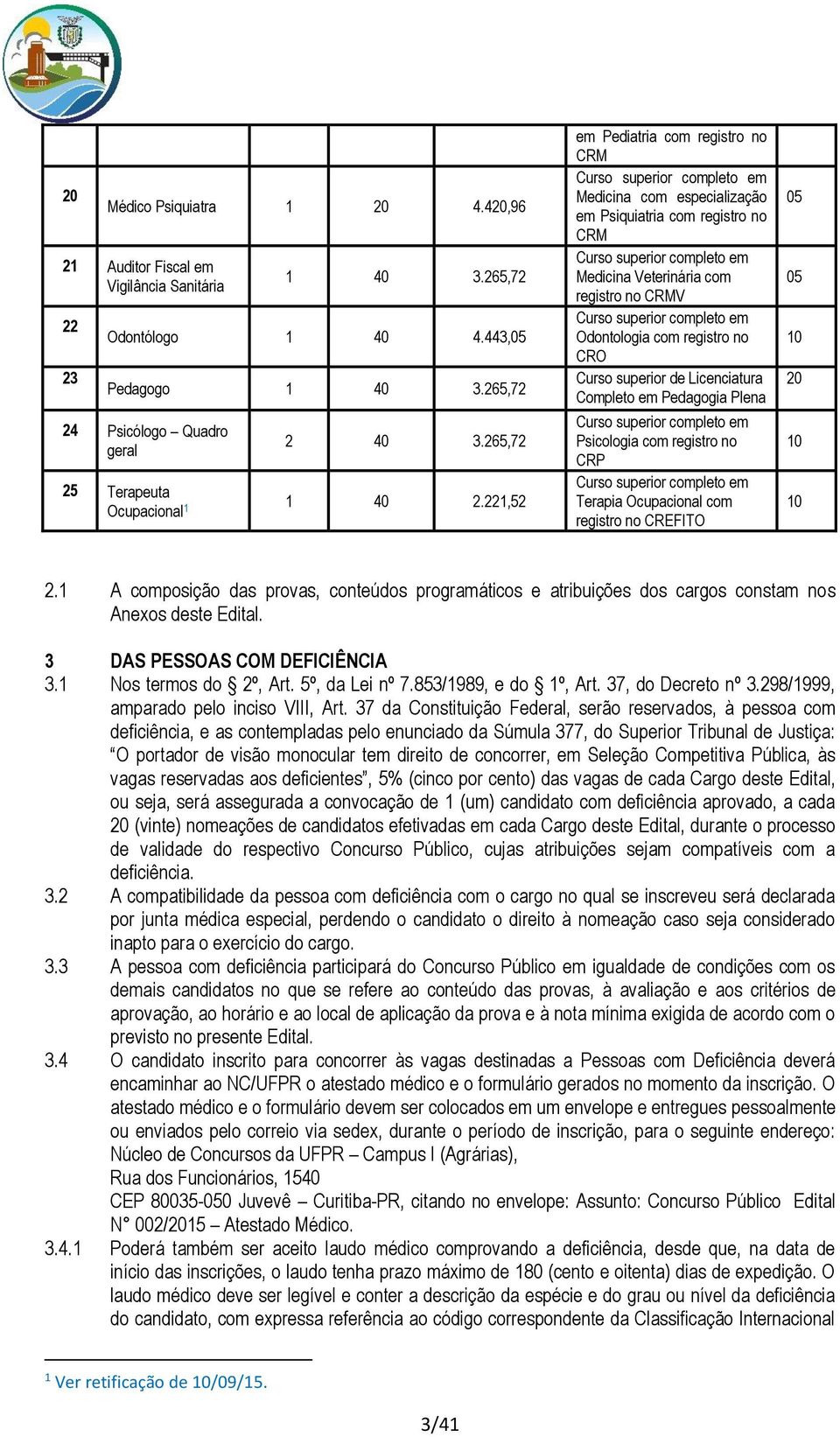 221,52 em Pediatria com registro no CRM Curso superior completo em Medicina com especialização em Psiquiatria com registro no CRM Curso superior completo em Medicina Veterinária com registro no CRMV