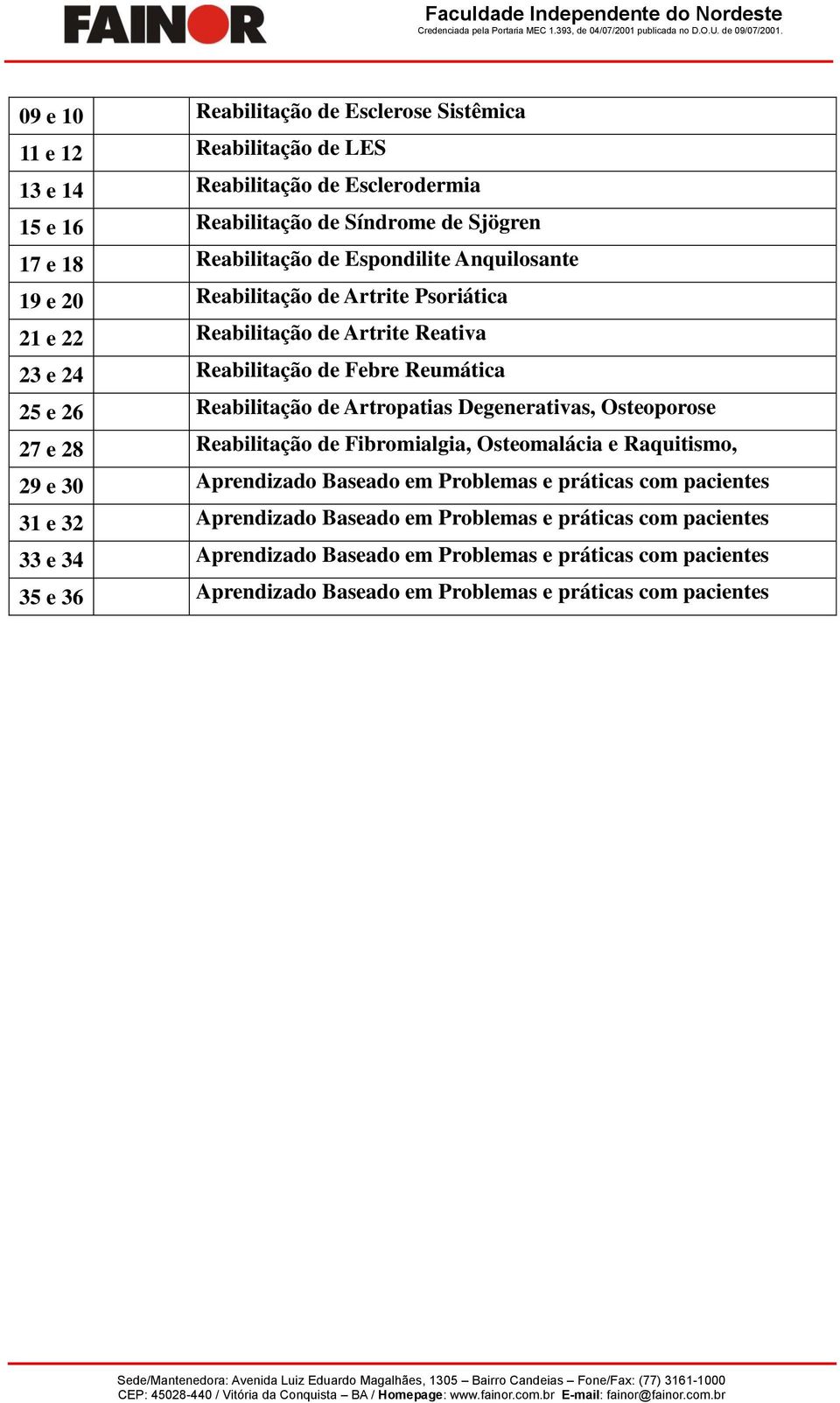 Artropatias Degenerativas, Osteoporose 27 e 28 Reabilitação de Fibromialgia, Osteomalácia e Raquitismo, 29 e 30 Aprendizado Baseado em Problemas e práticas com pacientes 31 e 32