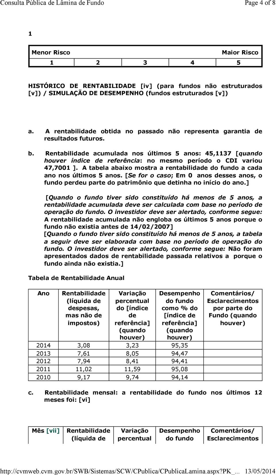 Rentabilidade acumulada nos últimos 5 anos: 45,1137 [quando houver índice de referência: no mesmo período o CDI variou 47,7001 ].