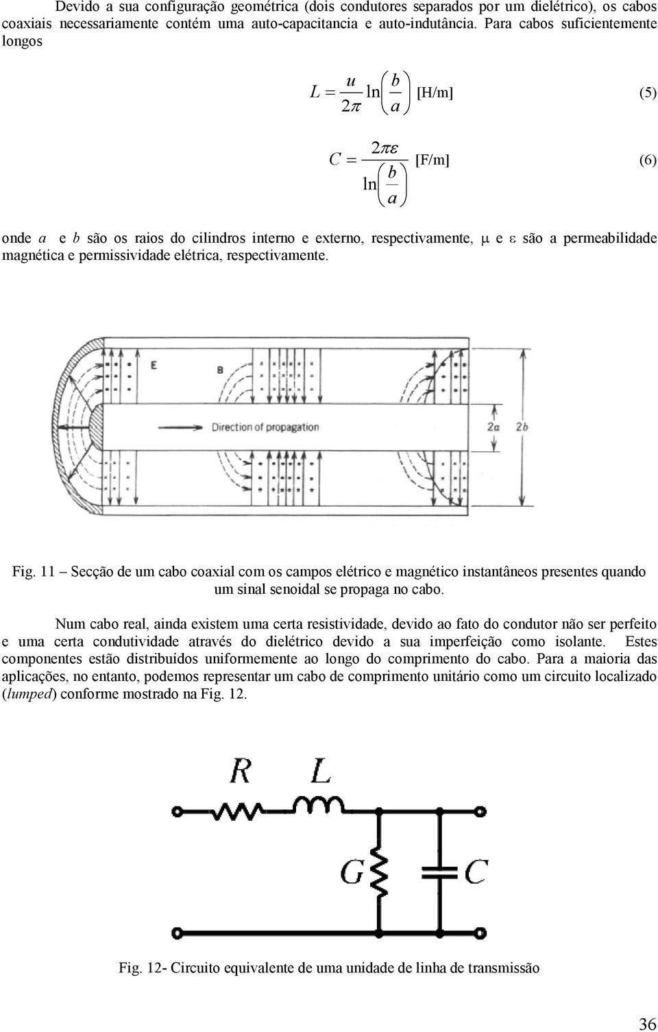 permissividade elétrica, respectivamente. Fig. 11 Secção de um cabo coaxial com os campos elétrico e magnético instantâneos presentes quando um sinal senoidal se propaga no cabo.