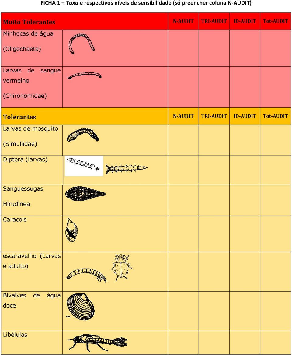 (Chironomidae) Tolerantes N AUDIT TRI AUDIT ID AUDIT Tot AUDIT Larvas de mosquito (Simuliidae)