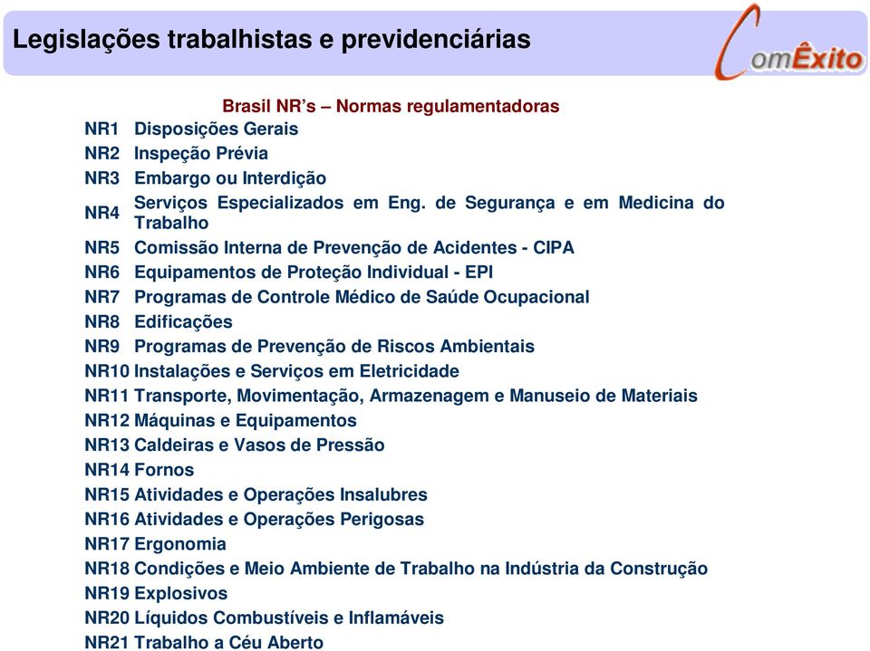 NR8 Edificações NR9 Programas de Prevenção de Riscos Ambientais NR10 Instalações e Serviços em Eletricidade NR11 Transporte, Movimentação, Armazenagem e Manuseio de Materiais NR12 Máquinas e