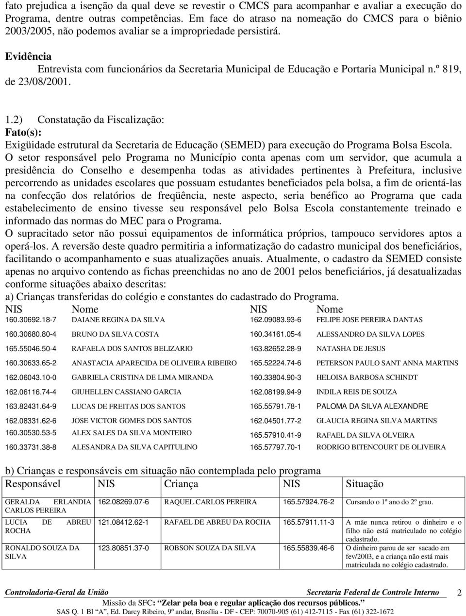 Evidência Entrevista com funcionários da Secretaria Municipal de Educação e Portaria Municipal n.º 819, de 23/08/2001. 1.