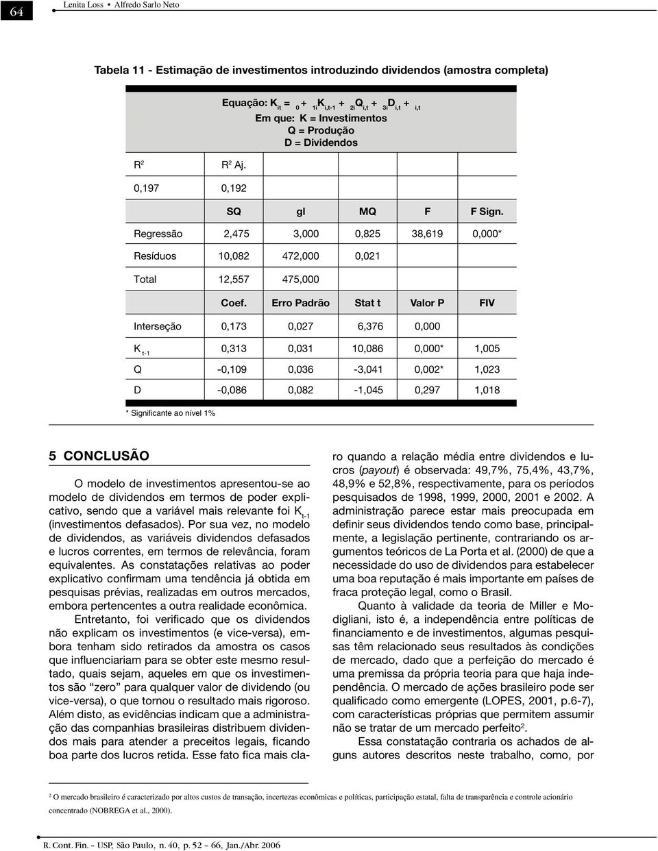 Erro Padrão Stat t Valor P FIV Interseção,173,27 6,376, t-1,313,31 1,86,* 1,5 Q -,19,36-3,41,2* 1,23 D -,86,82-1,45,297 1,18 * Signifi cante ao nível 1% 5 CONCLUSÃO O modelo de investimentos