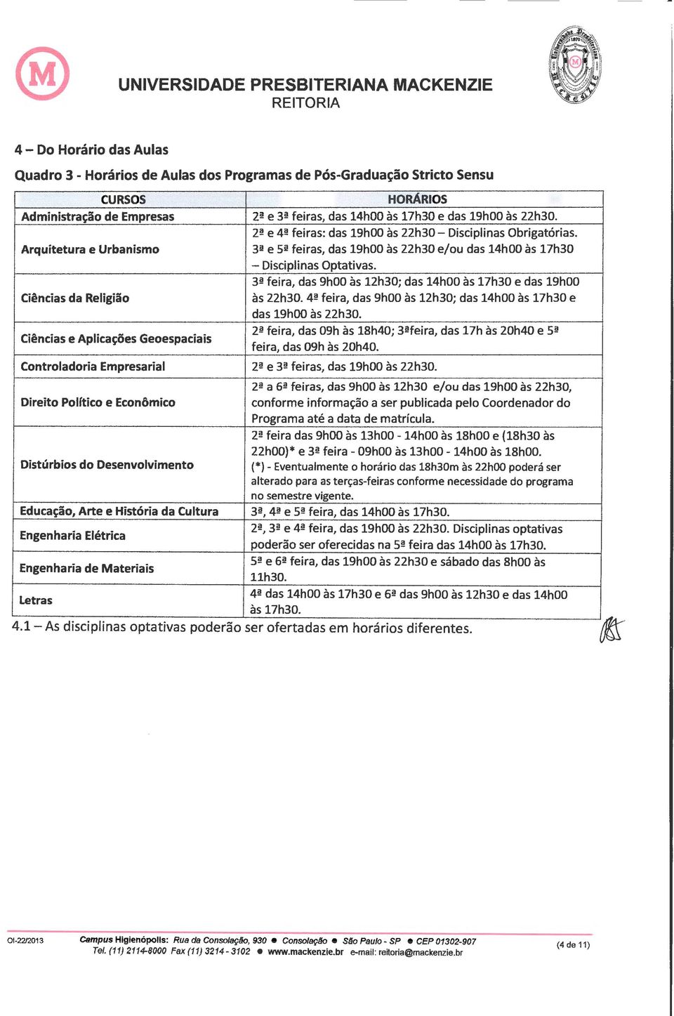 3ª feira, das 9h00 às 12h30; das 14h00 às 17h30 e das 19h00 Ciências da Religião às 22h30. 4ª feira, das 9h00 às 12h30; das 14h00 às 17h30 e das 19h00 às 22h30.