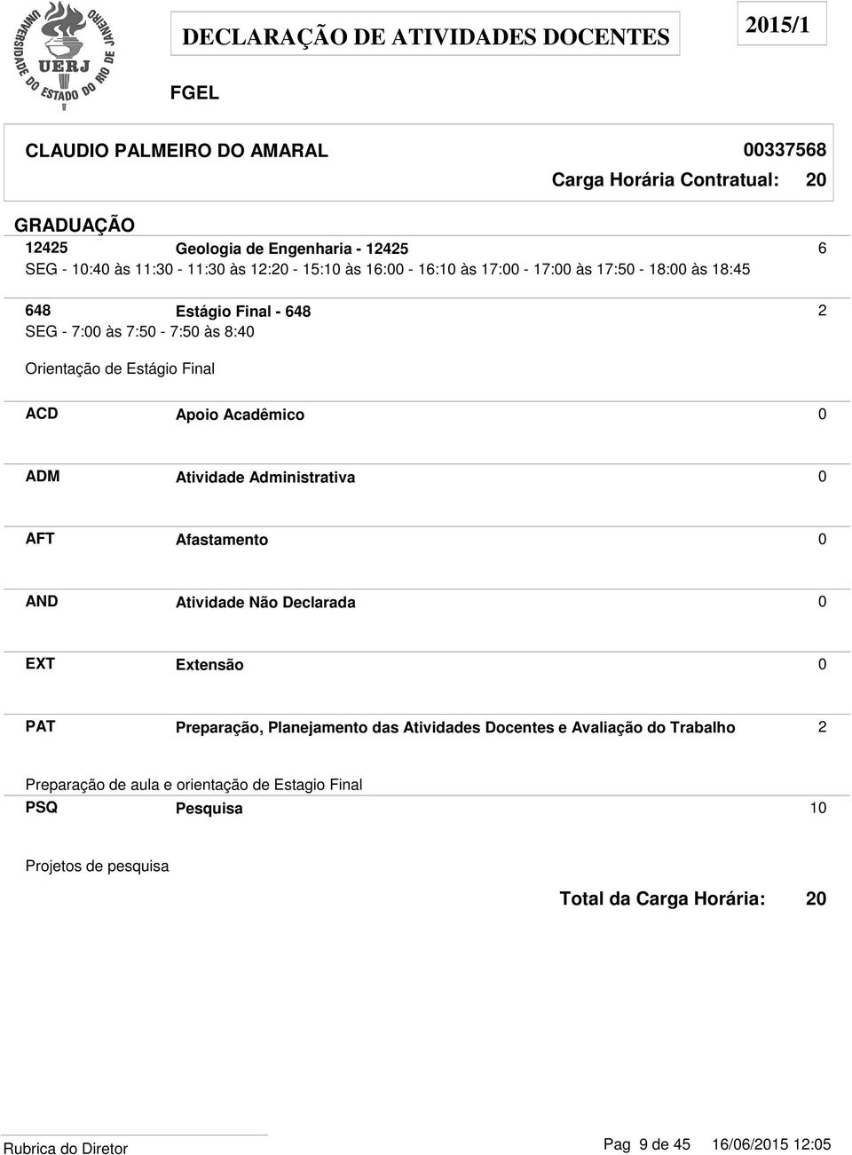 Orientação de Estágio Final ADM Atividade Administrativa 0 PAT Preparação, Planejamento das Atividades Docentes e Avaliação do