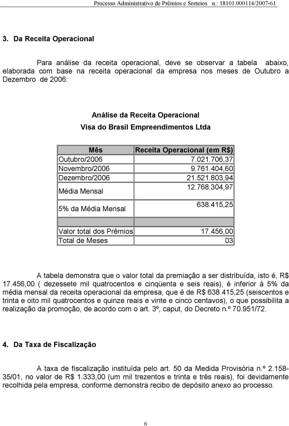 304,97 5% da Média Mensal 638.415,25 Valor total dos Prêmios 17.456,00 Total de Meses 03 A tabela demonstra que o valor total da premiação a ser distribuída, isto é, R$ 17.