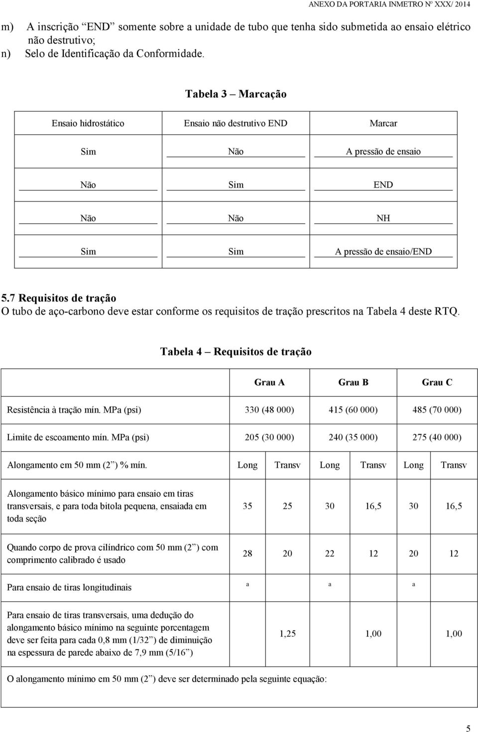 7 Requisitos de tração O tubo de aço-carbono deve estar conforme os requisitos de tração prescritos na Tabela 4 deste RTQ. Tabela 4 Requisitos de tração Grau A Grau B Grau C Resistência à tração mín.