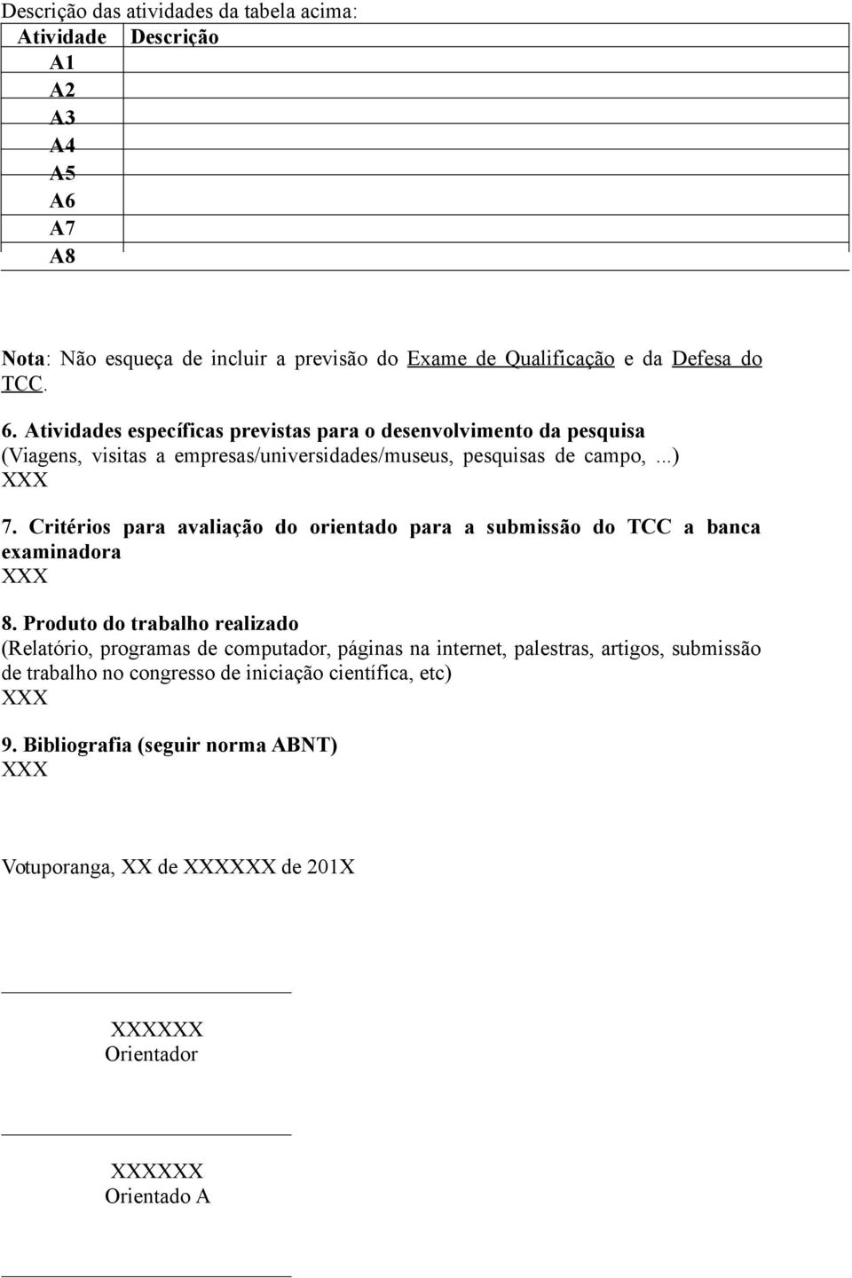 Critérios para avaliação do orientado para a submissão do TCC a banca examinadora XXX 8.