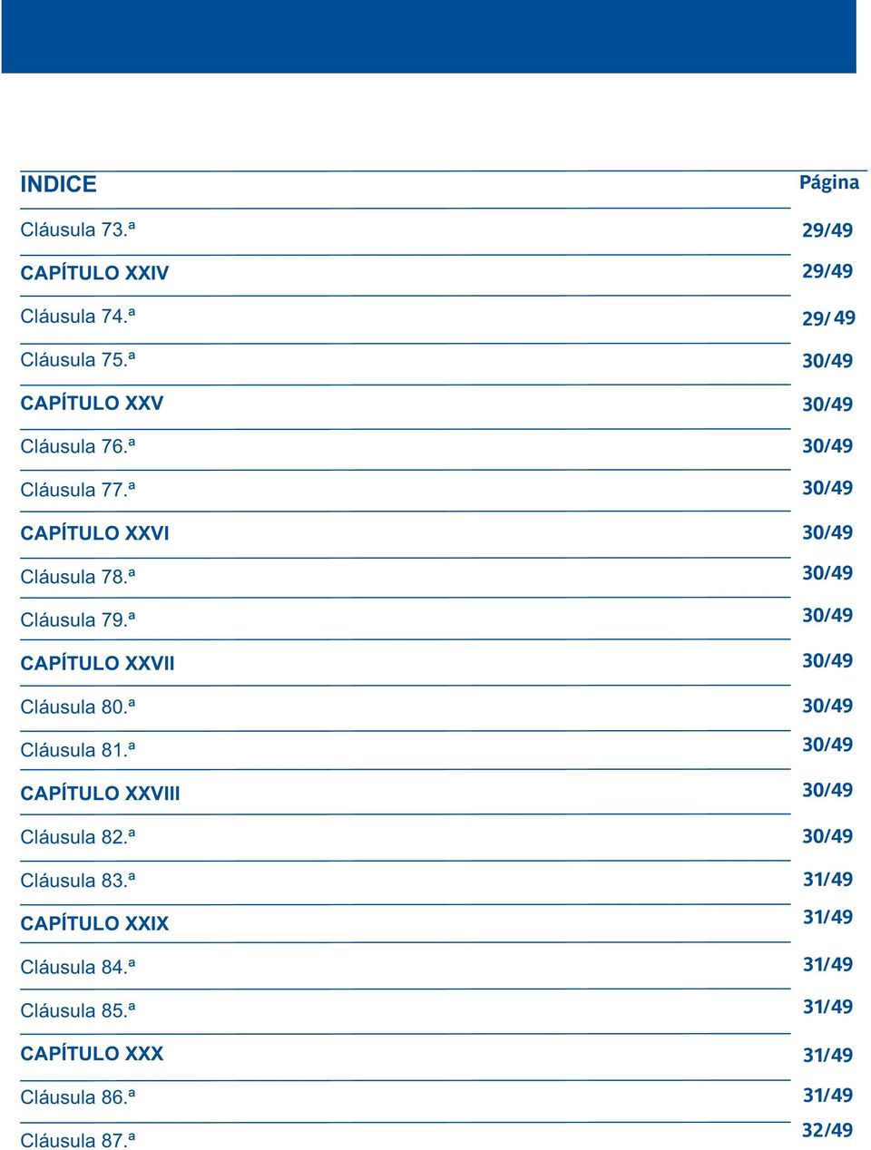 Cláusula 8ª CAPÍTULO XXIX Cláusula 84ª Cláusula 85ª CAPÍTULO XXX Cláusula 86ª Cláusula 87ª Página 29/ 49