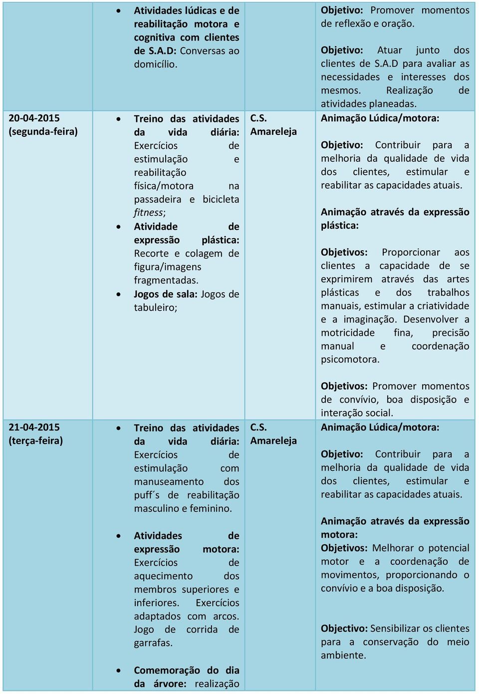 Jogos sala: Jogos tabuleiro; Objetivo: Promover momentos reflexão e oração. Objetivo: Atuar junto dos S.A.D para avaliar as necessidas e interesses dos mesmos. Realização atividas planeadas.