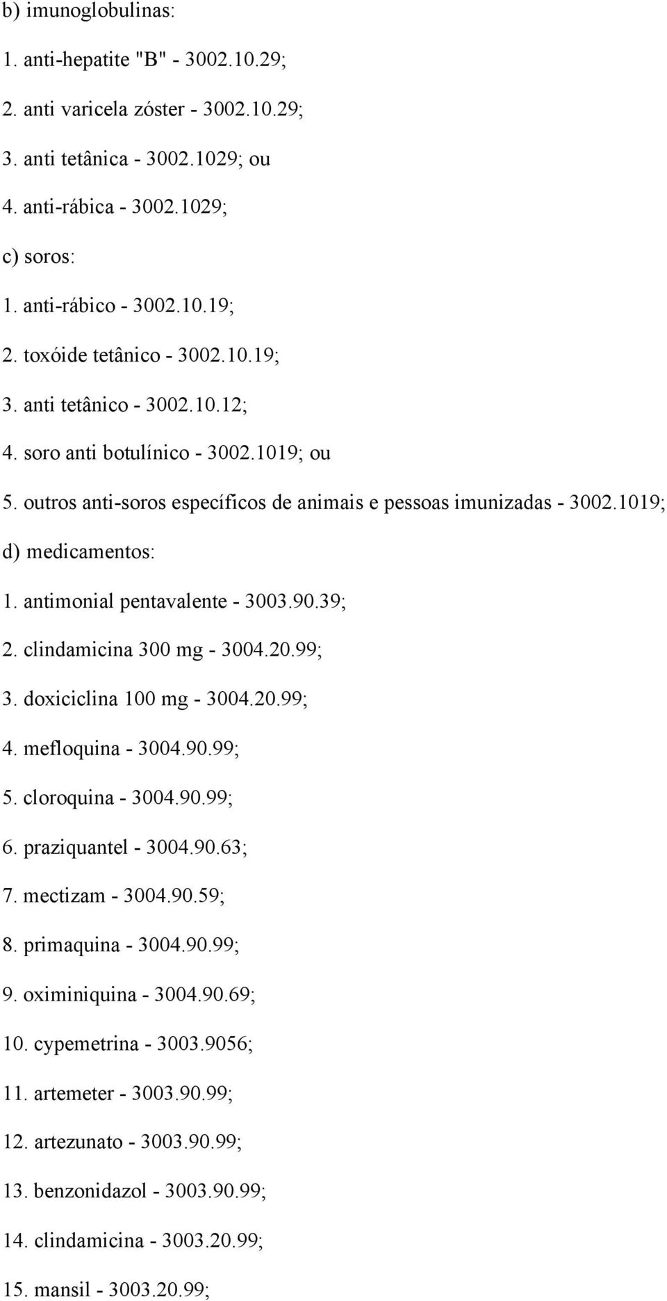 antimonial pentavalente - 3003.90.39; 2. clindamicina 300 mg - 3004.20.99; 3. doxiciclina 100 mg - 3004.20.99; 4. mefloquina - 3004.90.99; 5. cloroquina - 3004.90.99; 6. praziquantel - 3004.90.63; 7.