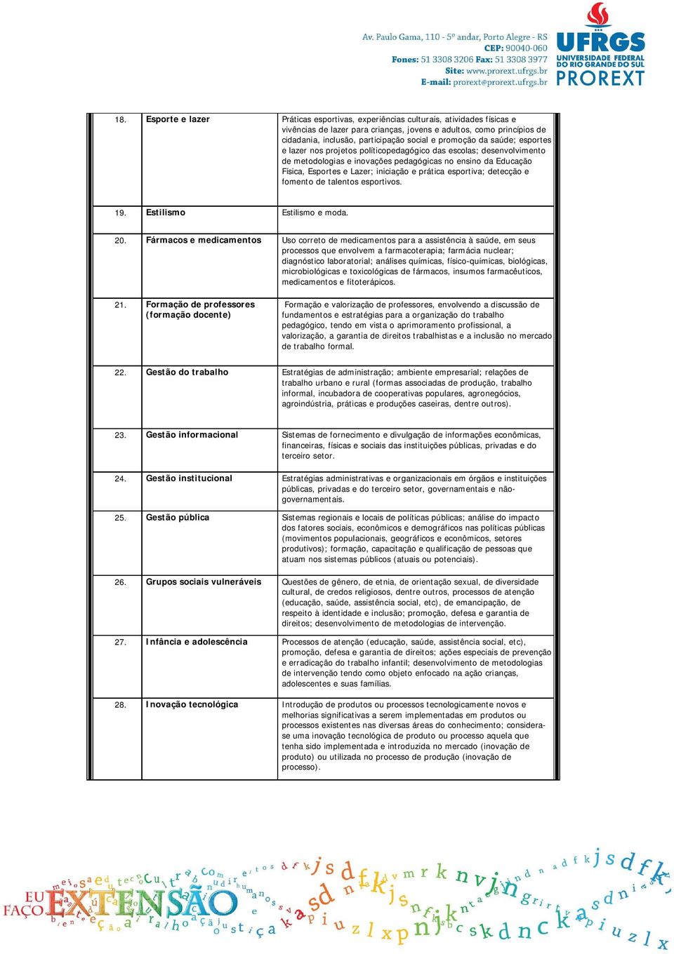 prática esportiva; detecção e fomento de talentos esportivos. 19. Estilismo Estilismo e moda. 20.