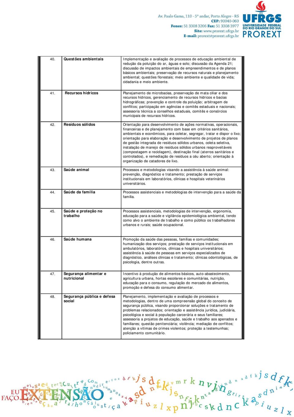 Recursos hídricos Planejamento de microbacias, preservação de mata ciliar e dos recursos hídricos, gerenciamento de recursos hídricos e bacias hidrográficas; prevenção e controle da poluição;