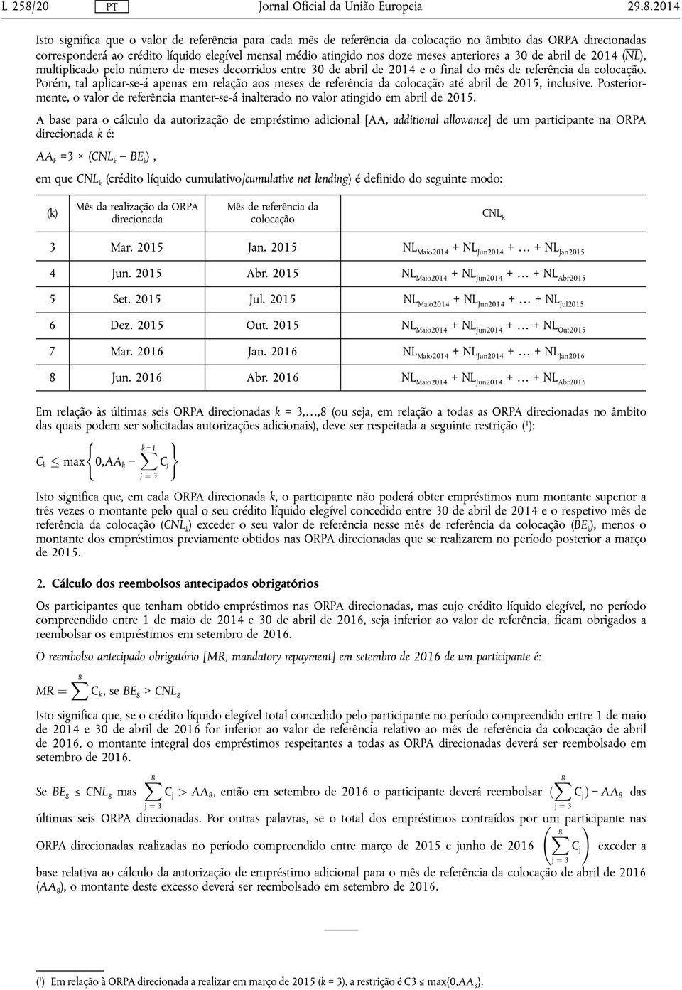 2014 Isto significa que o valor de referência para cada mês de referência da colocação no âmbito das ORPA direcionadas corresponderá ao crédito líquido elegível mensal médio atingido nos doze meses