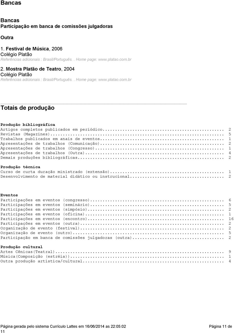 (Magazines) 5 Trabalhos publicados em anais de eventos 1 Apresentações de trabalhos (Comunicação) 2 Apresentações de trabalhos (Congresso) 1 Apresentações de trabalhos (Outra) 4 Demais produções