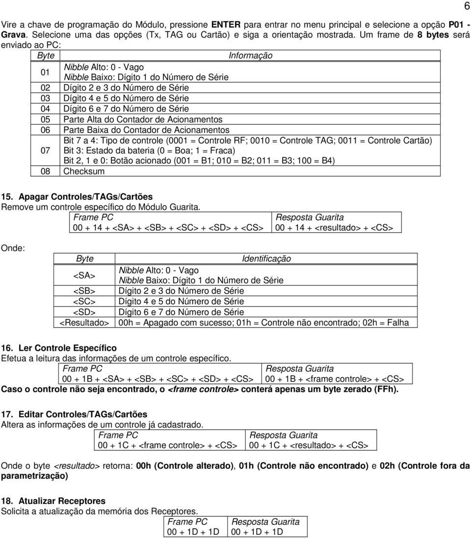 Número de Série 05 Parte Alta do Contador de Acionamentos 06 Parte Baixa do Contador de Acionamentos Bit 7 a 4: Tipo de controle (0001 = Controle RF; 0010 = Controle TAG; 0011 = Controle Cartão) 07