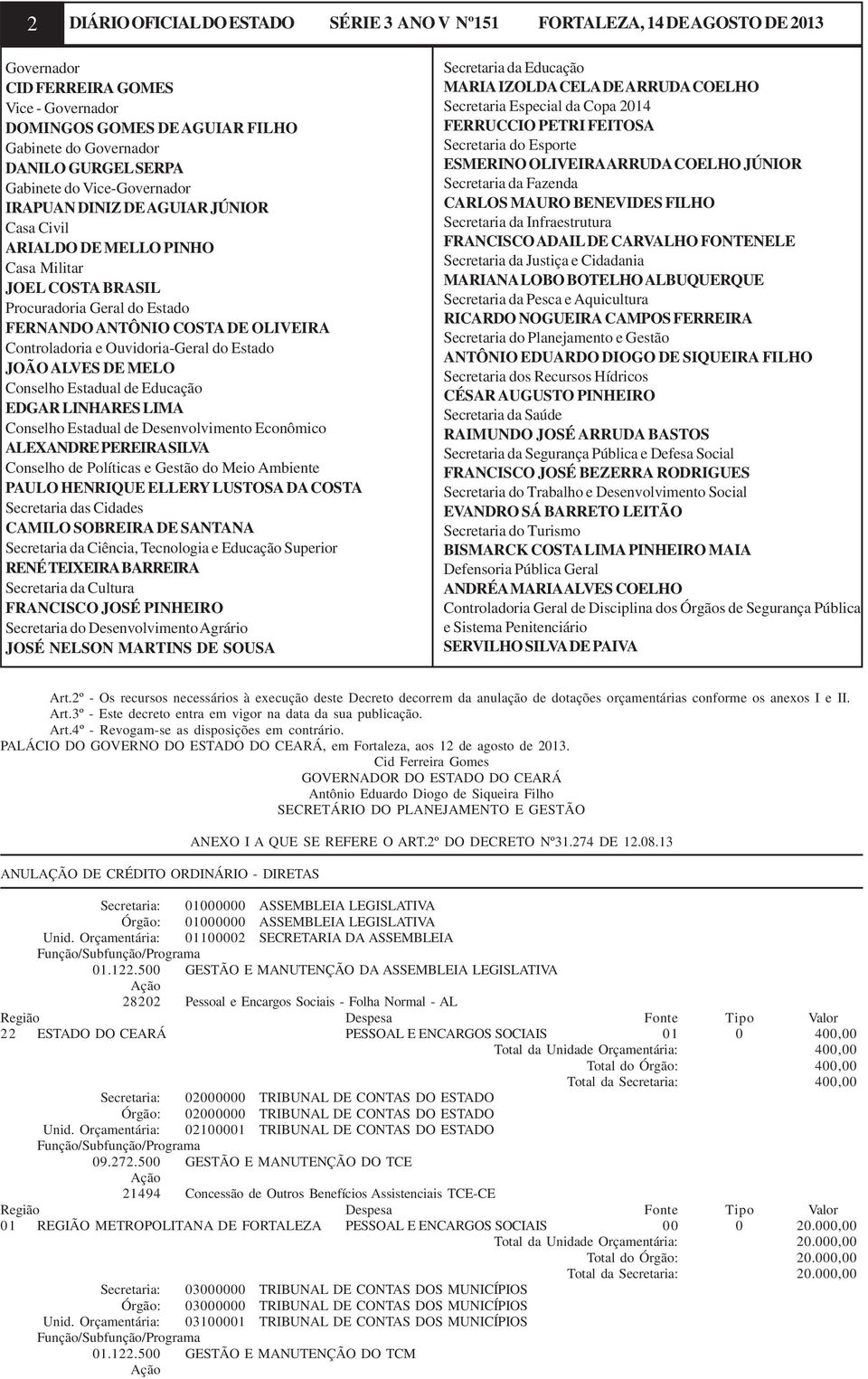 Controladoria e Ouvidoria-Geral do Estado JOÃO ALVES DE MELO Conselho Estadual de Educação EDGAR LINHARES LIMA Conselho Estadual de Desenvolvimento Econômico ALEXANDRE PEREIRA SILVA Conselho de