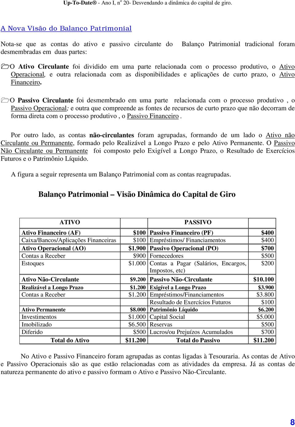 !O Passivo Circulante foi desmembrado em uma parte relacionada com o processo produtivo, o Passivo Operacional; e outra que compreende as fontes de recursos de curto prazo que não decorram de forma