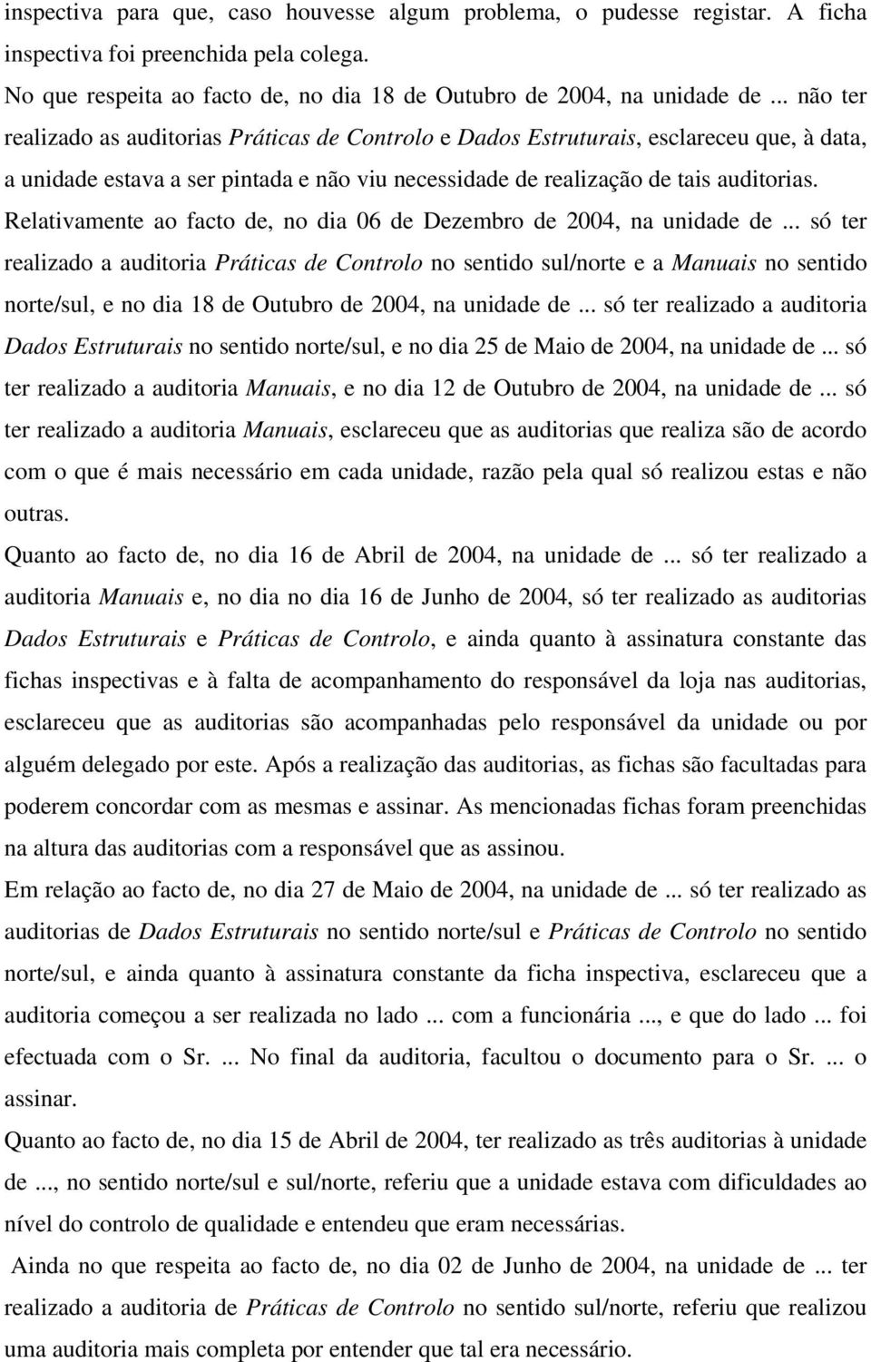 Relativamente ao facto de, no dia 06 de Dezembro de 2004, na unidade de.