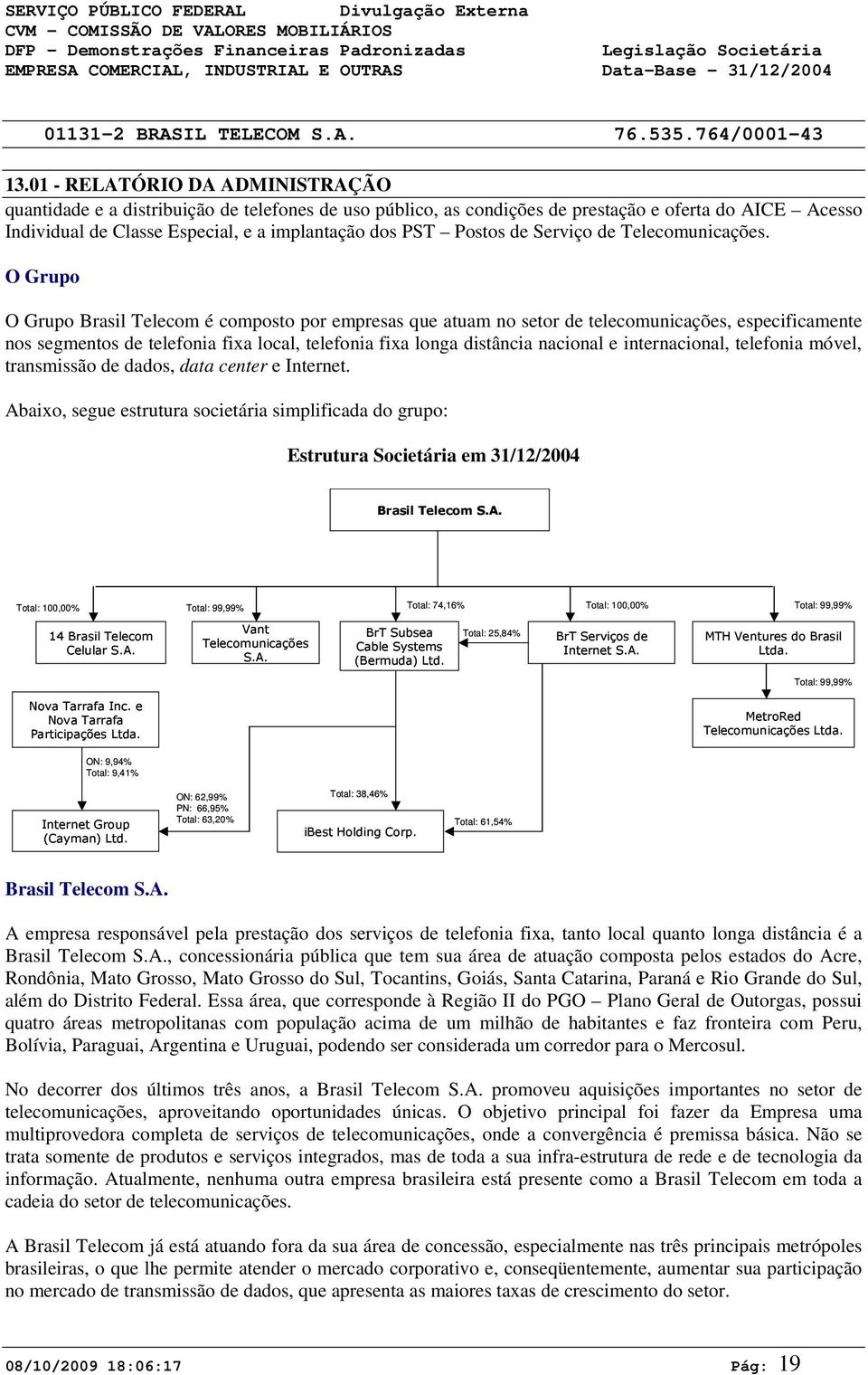 O Grupo O Grupo Brasil Telecom é composto por empresas que atuam no setor de telecomunicações, especificamente nos segmentos de telefonia fixa local, telefonia fixa longa distância nacional e