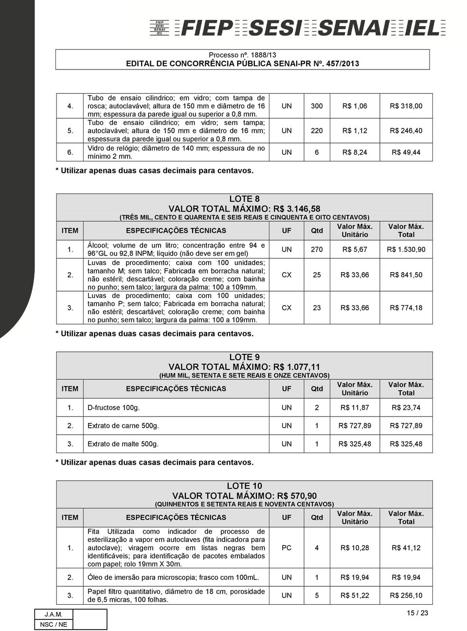 Vidro de relógio; diâmetro de 140 mm; espessura de no mínimo 2 mm. UN 300 R$ 1,06 R$ 318,00 UN 220 R$ 1,12 R$ 246,40 UN 6 R$ 8,24 R$ 49,44 LOTE 8 VALOR TOTAL MÁXIMO: R$ 3.