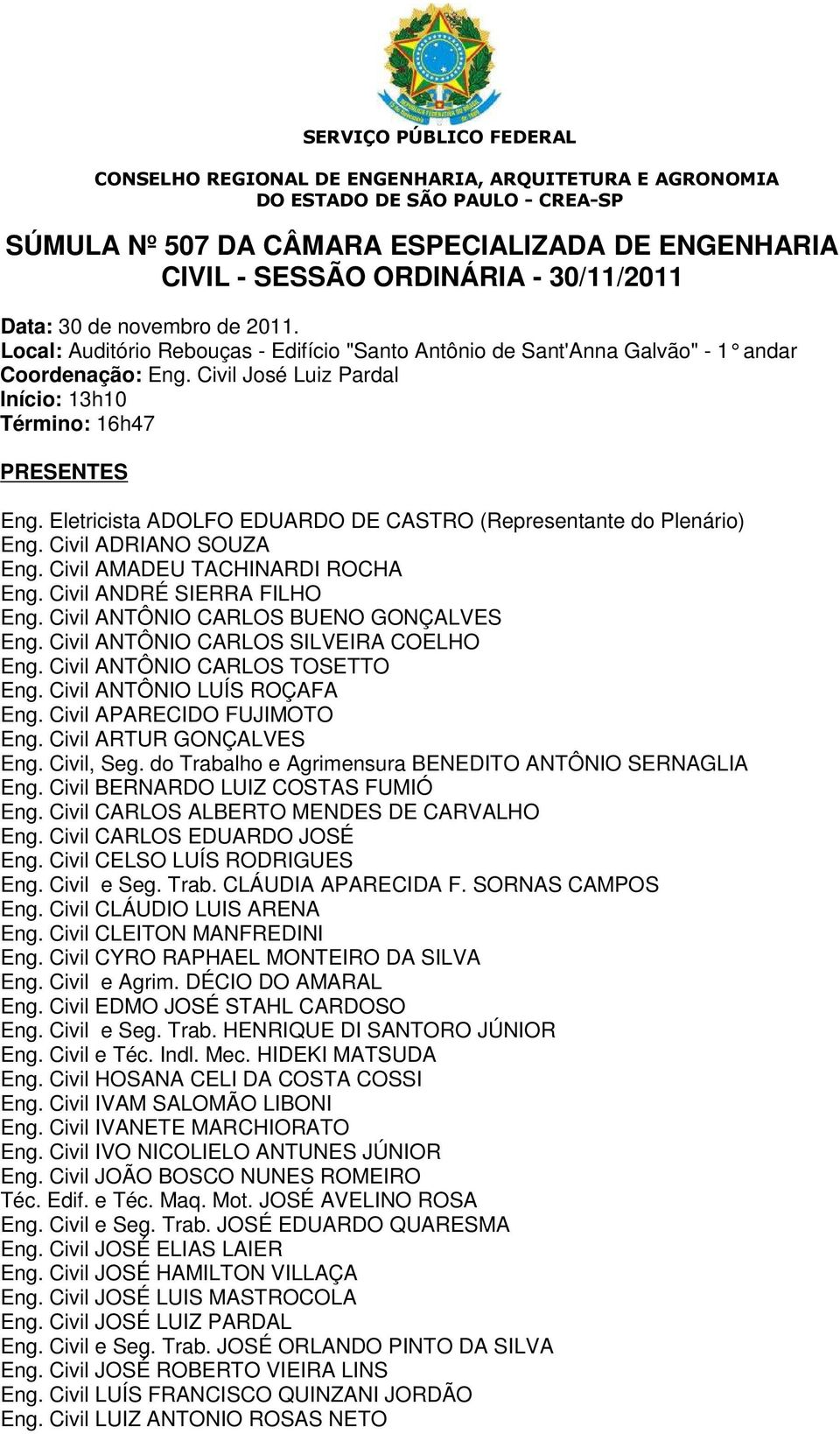 Civil ANTÔNIO CARLOS BUENO GONÇALVES Eng. Civil ANTÔNIO CARLOS SILVEIRA COELHO Eng. Civil ANTÔNIO CARLOS TOSETTO Eng. Civil ANTÔNIO LUÍS ROÇAFA Eng. Civil APARECIDO FUJIMOTO Eng.