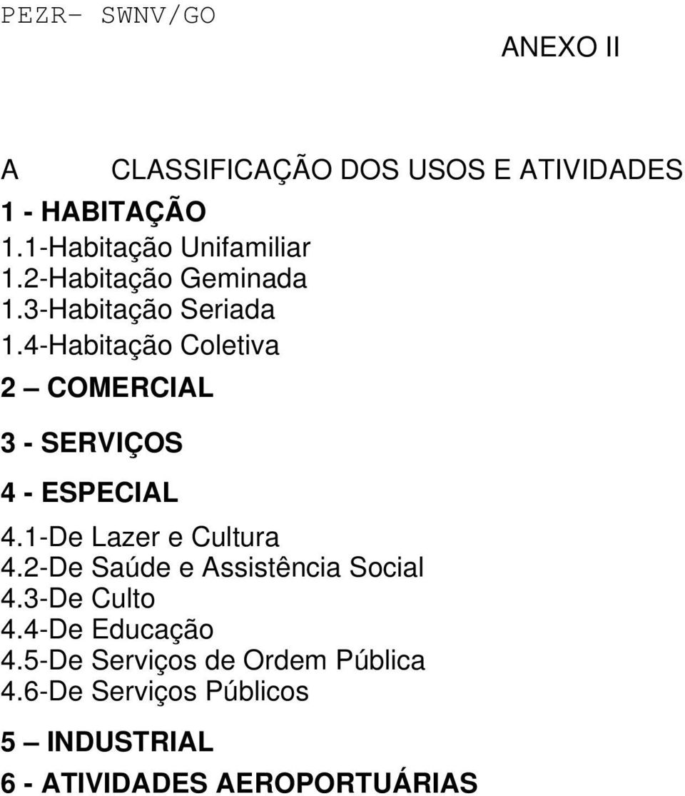 4-Habitação Coletiva 2 COMERCIAL 3 - SERVIÇOS 4 - ESPECIAL 4.1-De Lazer e Cultura 4.