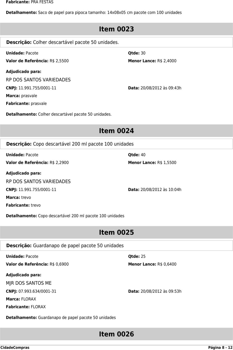 755/0001-11 Data: 20/08/2012 às 09:43h Marca: prasvale Fabricante: prasvale Detalhamento: Colher descartável pacote 50 unidades.