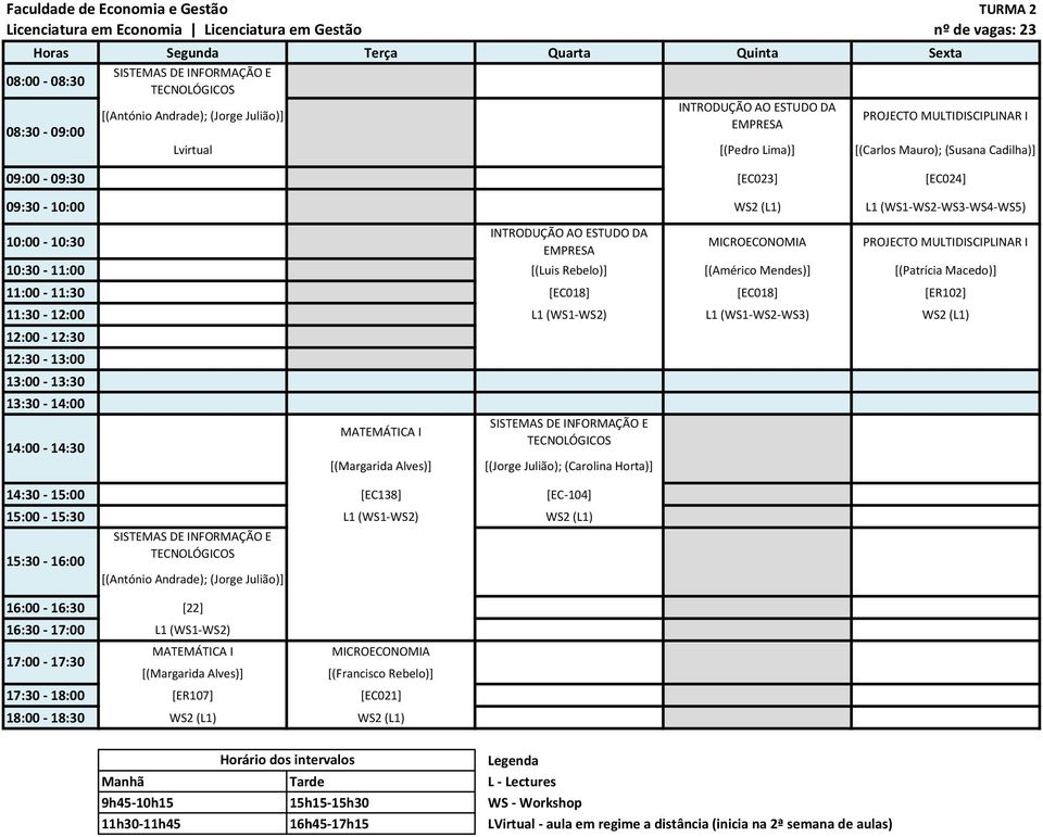 (WS1-WS2-WS3) WS2 (L1) 12:00-12:30 12:30-13:00 [(Margarida Alves)] [(Jorge Julião); (Carolina Horta)] 14:30-15:00 [EC138] [EC-104] 15:00-15:30 L1