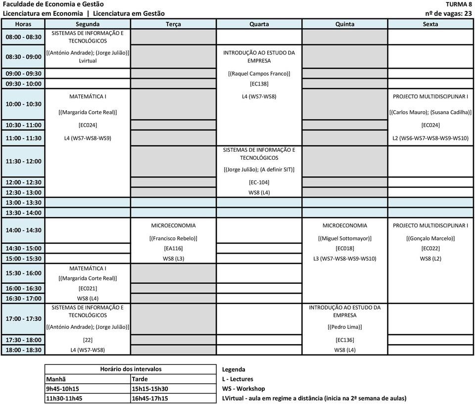 [EC-104] 12:30-13:00 WS8 (L4) [(Francisco Rebelo)] [(Miguel Sottomayor)] [(Gonçalo Marcelo)] 14:30-15:00 [EA116] [EC018] [EC022] 15:00-15:30 WS8