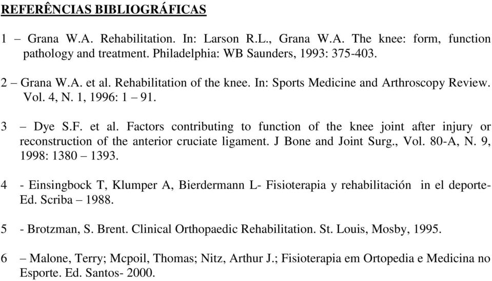 Factors contributing to function of the knee joint after injury or reconstruction of the anterior cruciate ligament. J Bone and Joint Surg., Vol. 80-A, N. 9, 1998: 1380 1393.