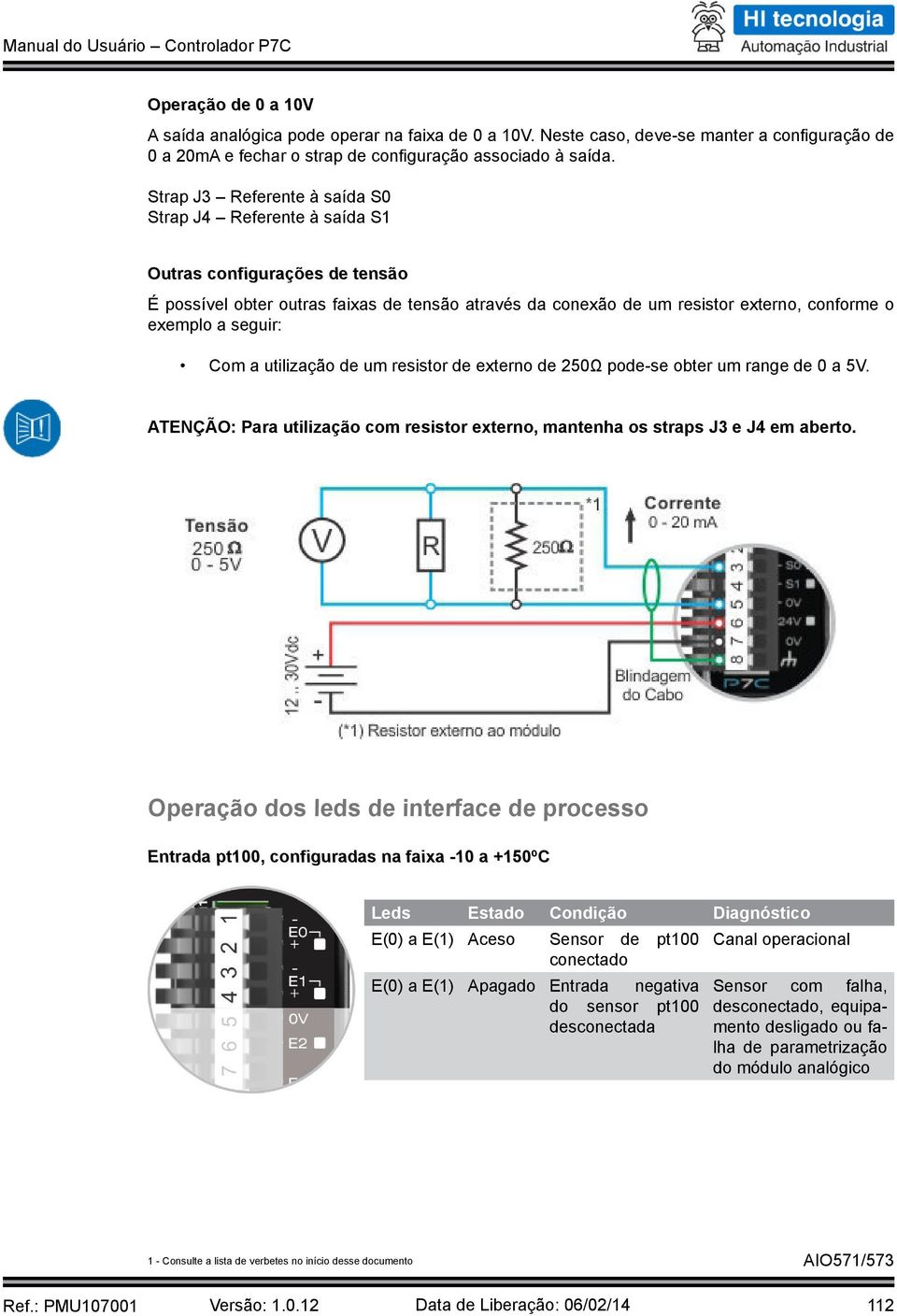 seguir: Com a utilização de um resistor de externo de 250Ω pode-se obter um range de 0 a 5V. ATENÇÃO: Para utilização com resistor externo, mantenha os straps J3 e J4 em aberto.