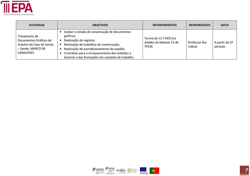 de conservação; Realização de acondicionamento do espólio; Contribuir para o enriquecimento dos módulos a lecionar e das